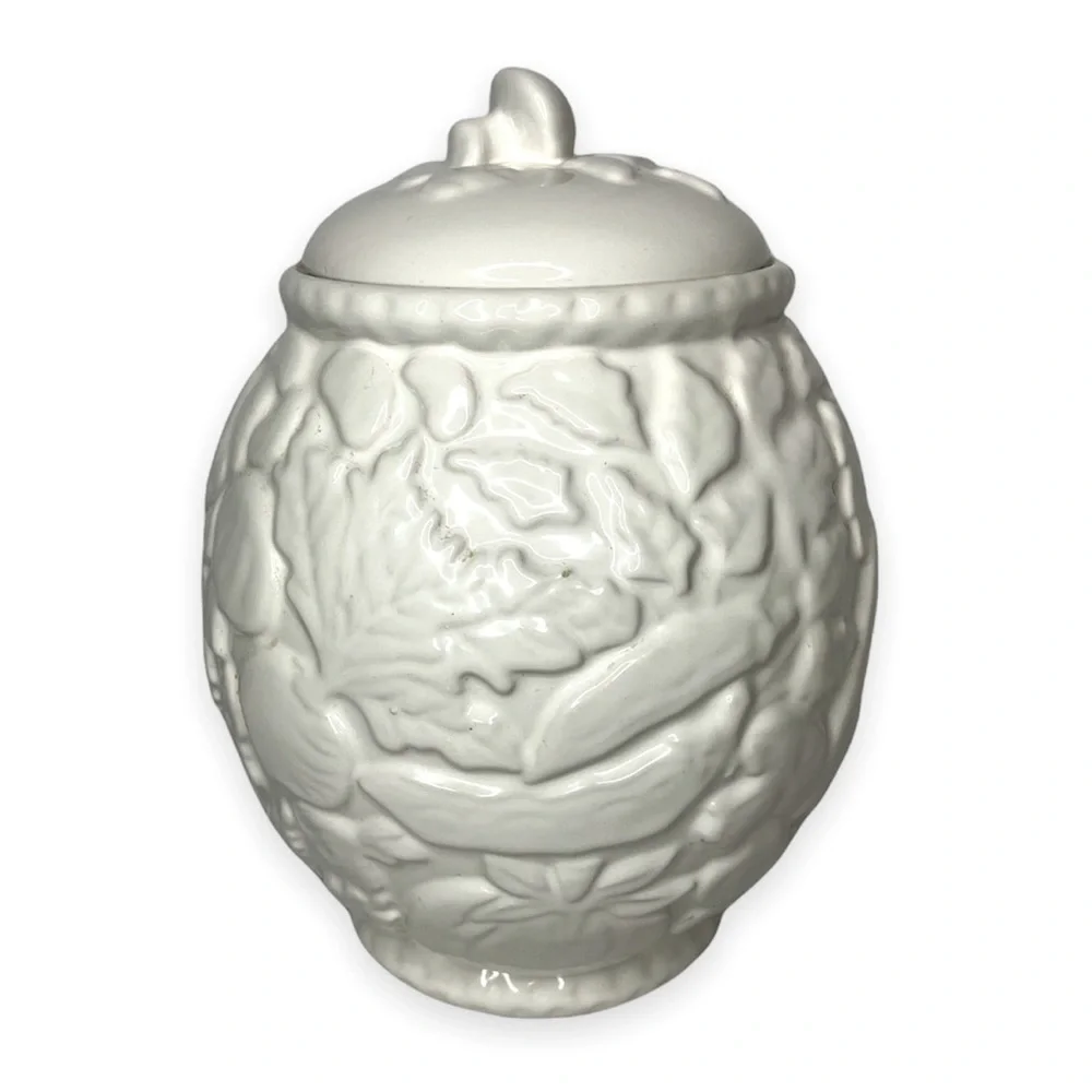 Porta White Embossed Cookie Jar with Mushroom Lid Stoneware Made in Portugal